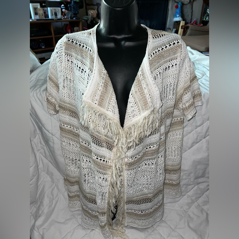 Hearts Of Palm Crocheted Metallic Thread Open Front Short Sleeve Sweater
